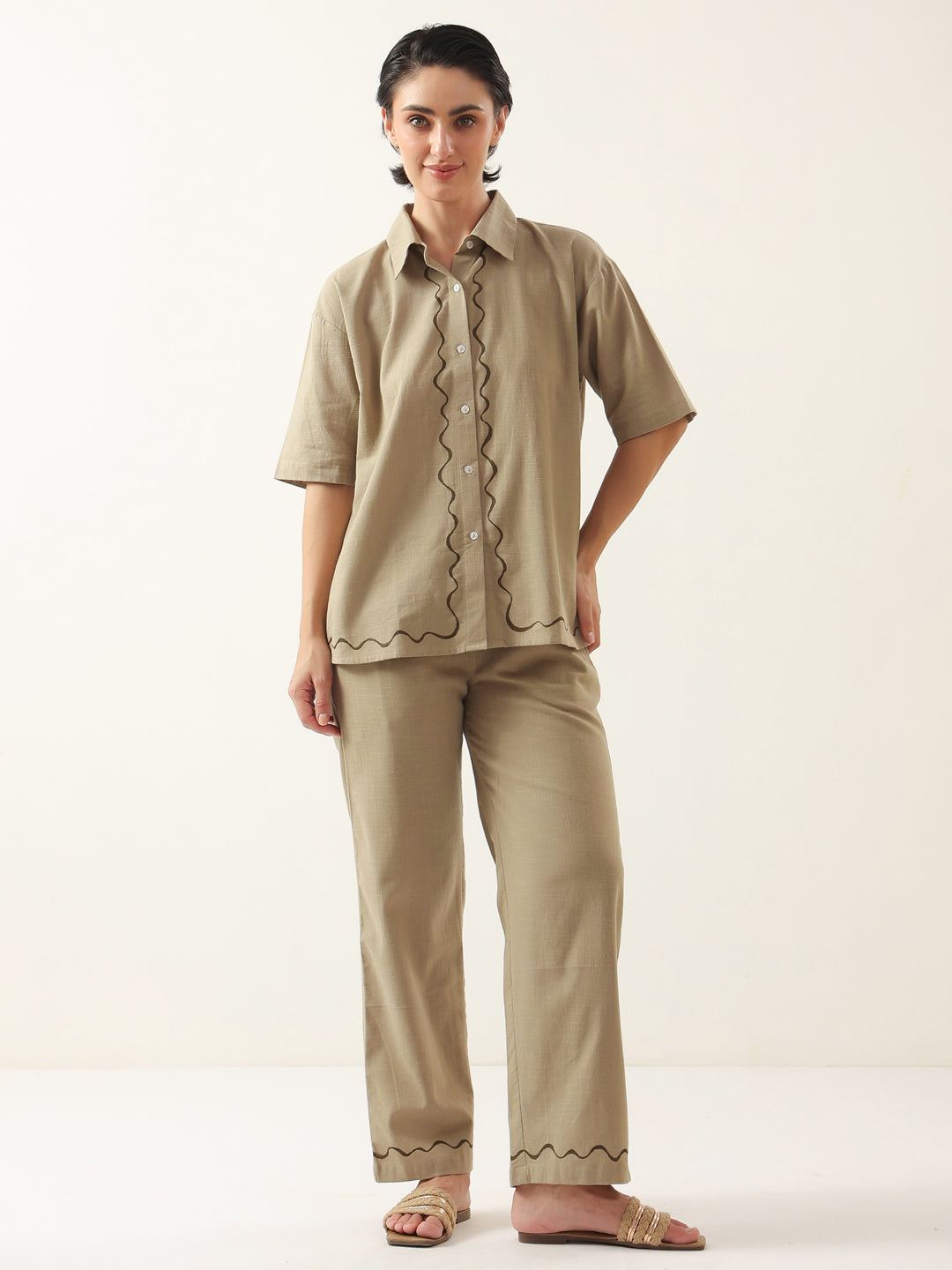 Brown Solid Cotton Shirt Collar Night Suit - SanskrutiHomes