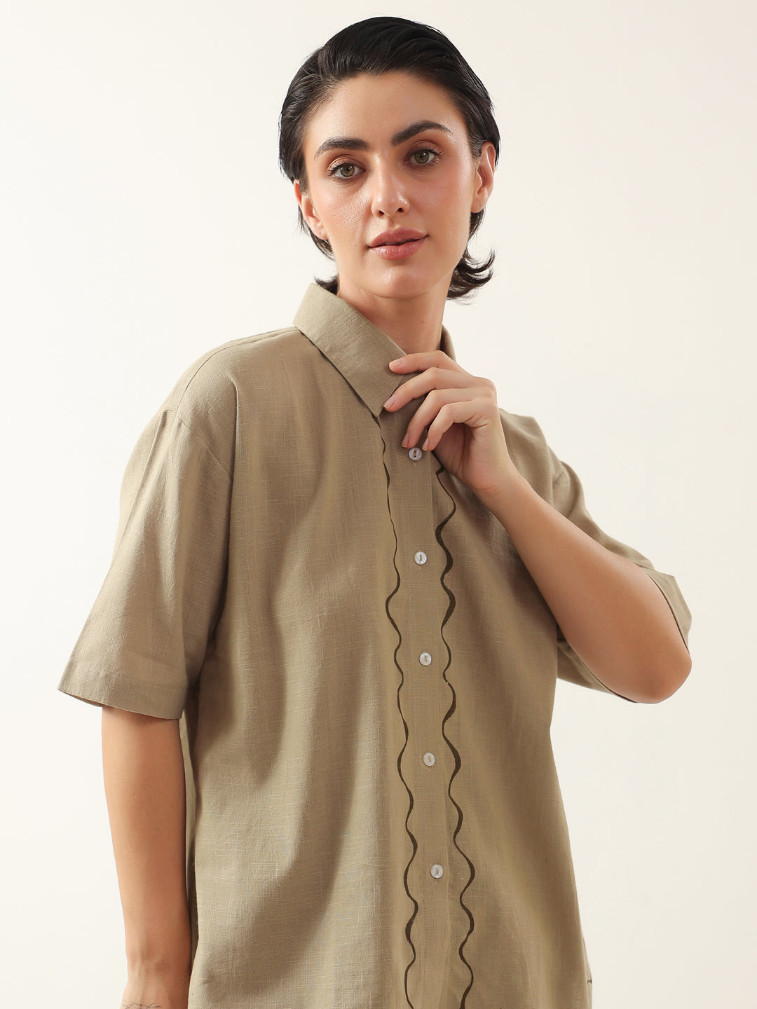 Brown Solid Cotton Shirt Collar Night Suit - SanskrutiHomes