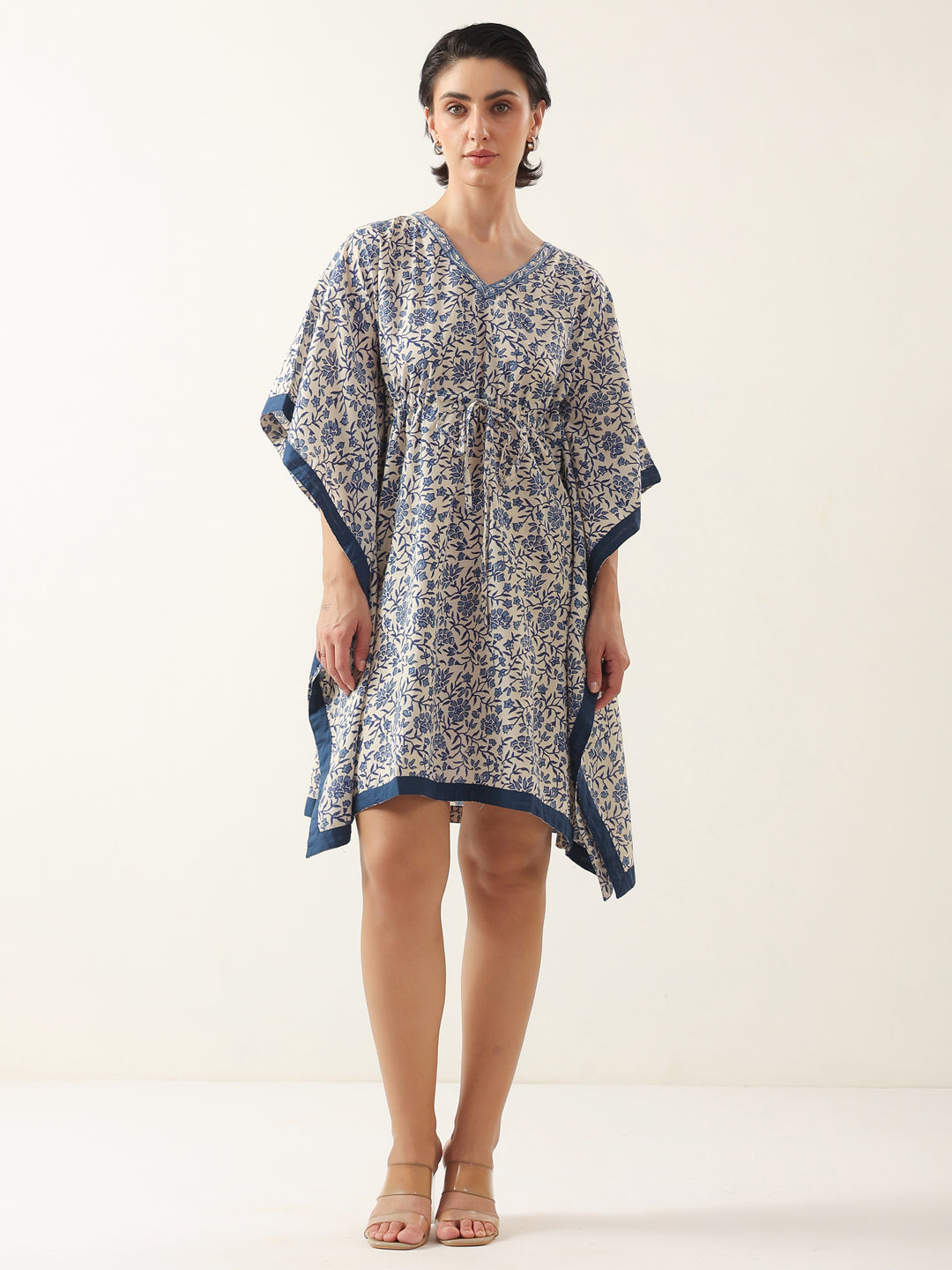 Off White V-Neck Pure Cotton Kaftan Night Dress