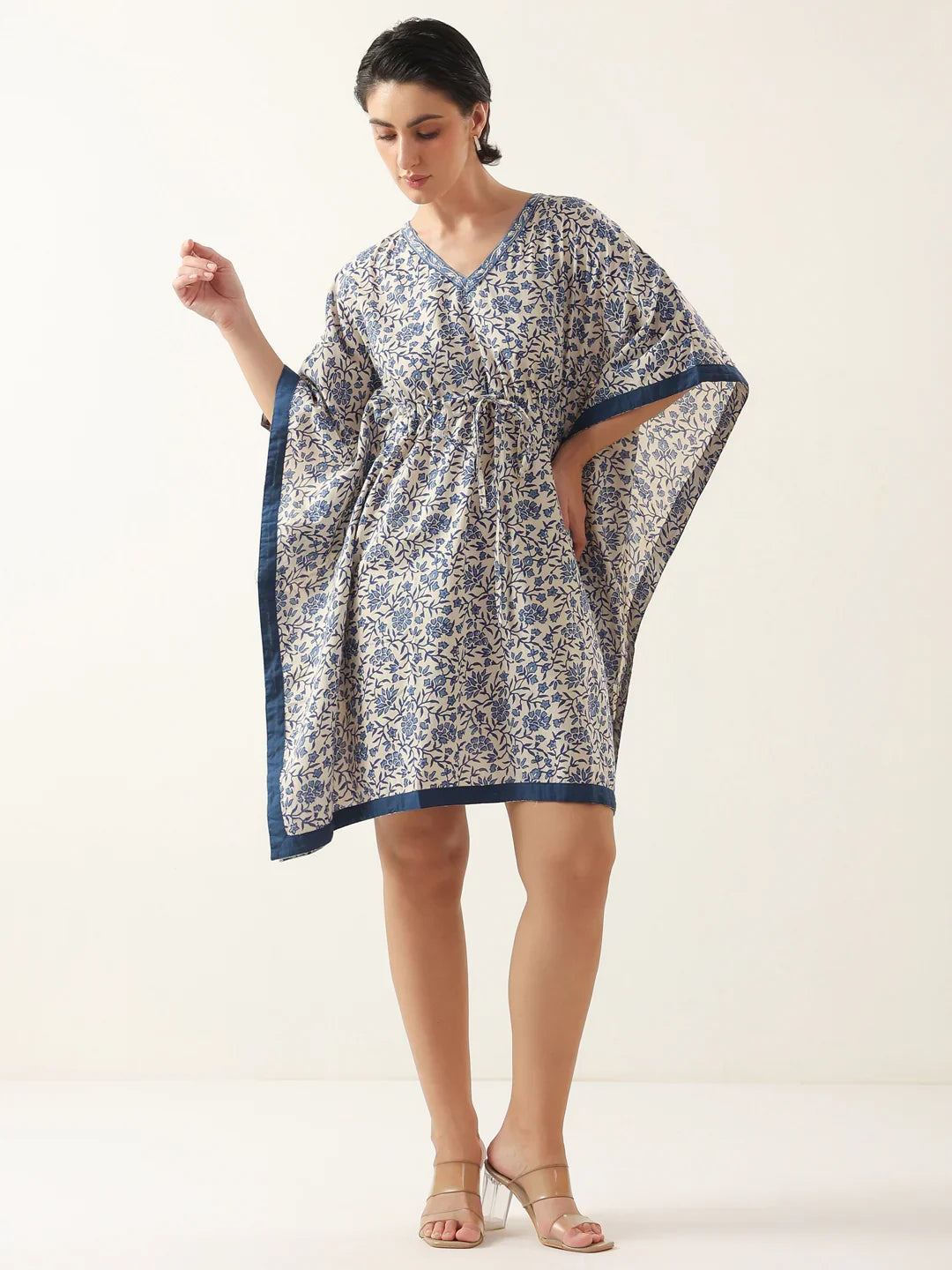 Off White V-Neck Pure Cotton Kaftan Night Dress - SanskrutiHomes