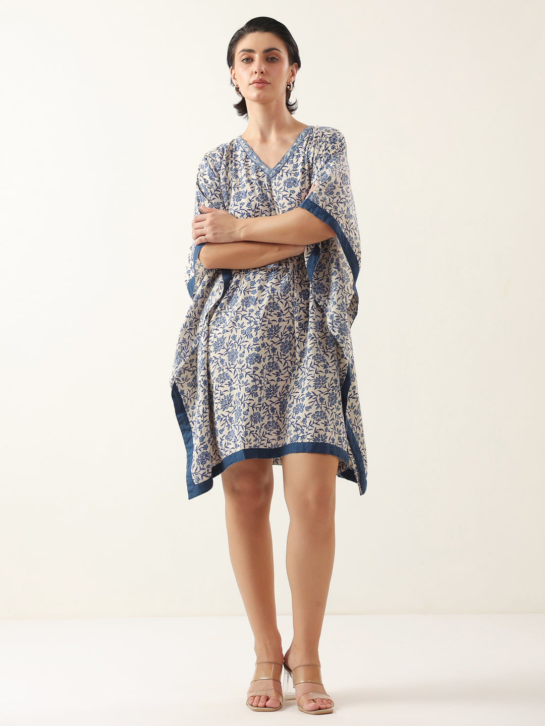 Off White V-Neck Pure Cotton Kaftan Night Dress