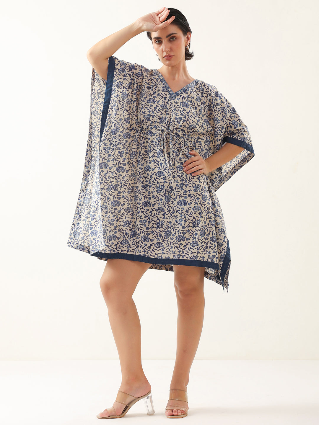 Off White V-Neck Pure Cotton Kaftan Night Dress