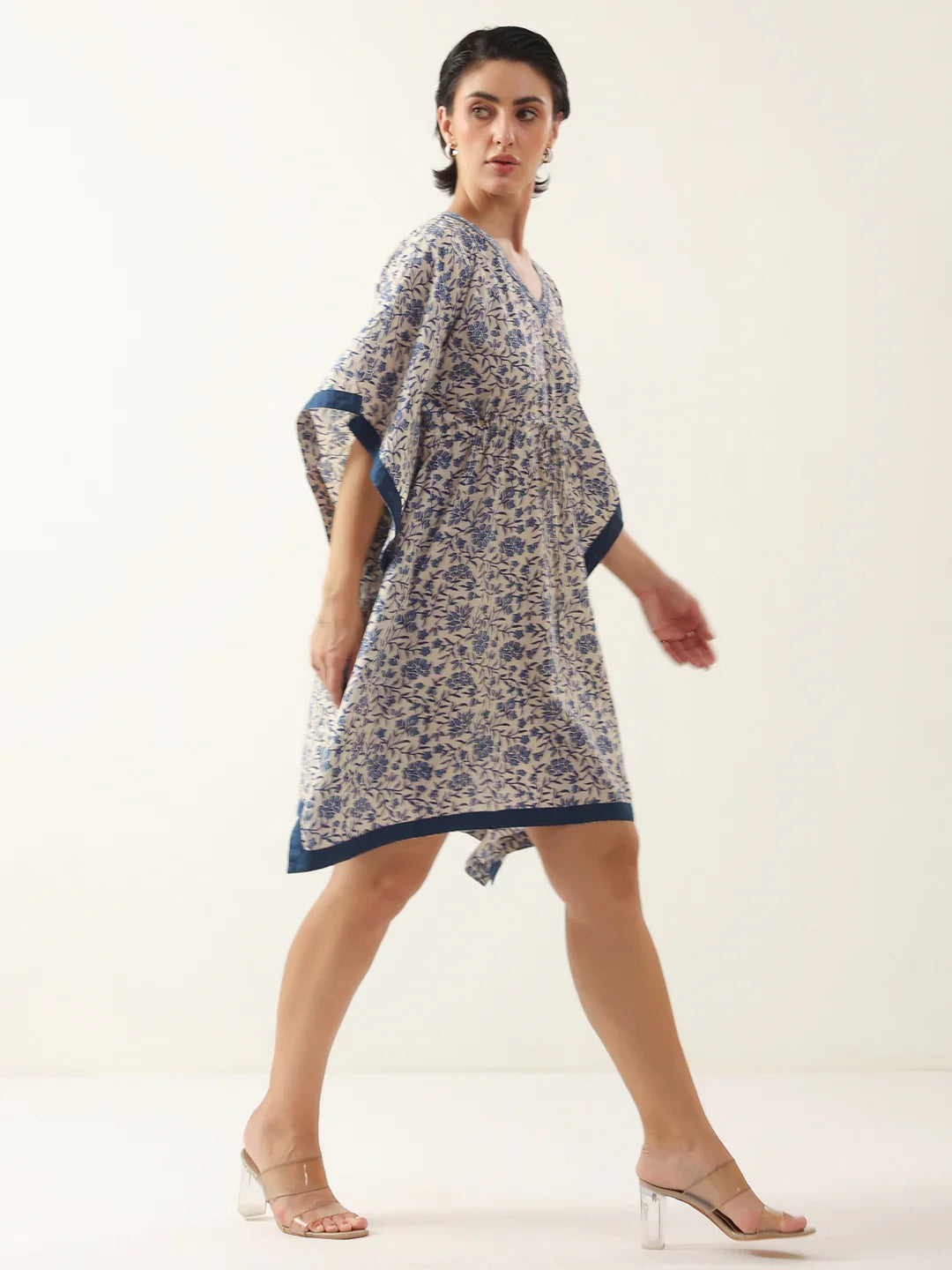 Off White V-Neck Pure Cotton Kaftan Night Dress - SanskrutiHomes