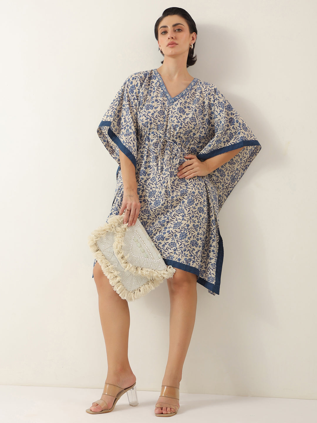 Off White V-Neck Pure Cotton Kaftan Night Dress