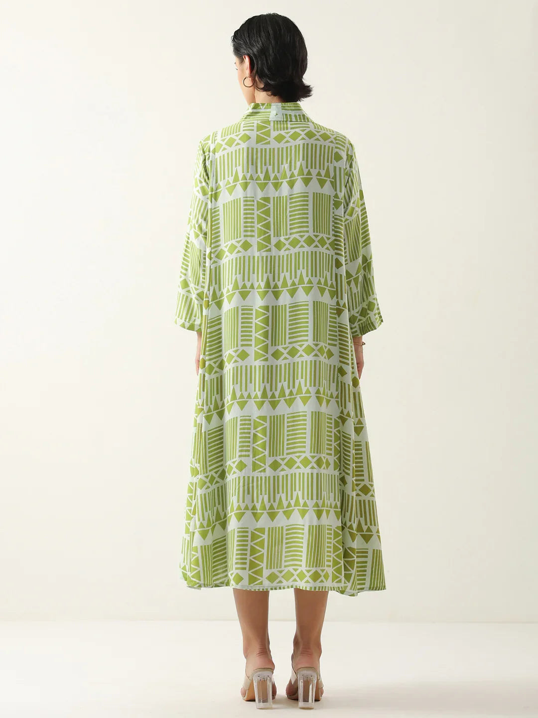 Green Geometric Print Viscose Rayon Dress for Women - SanskrutiHomes