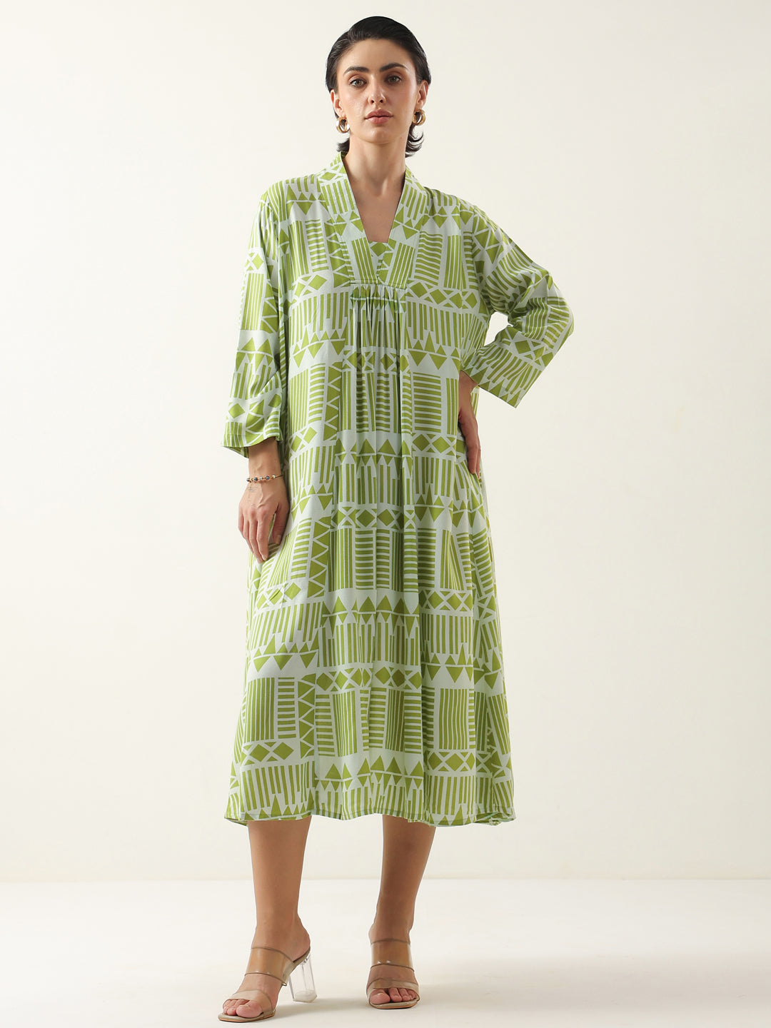 Green Geometric Print Viscose Rayon Dress for Women
