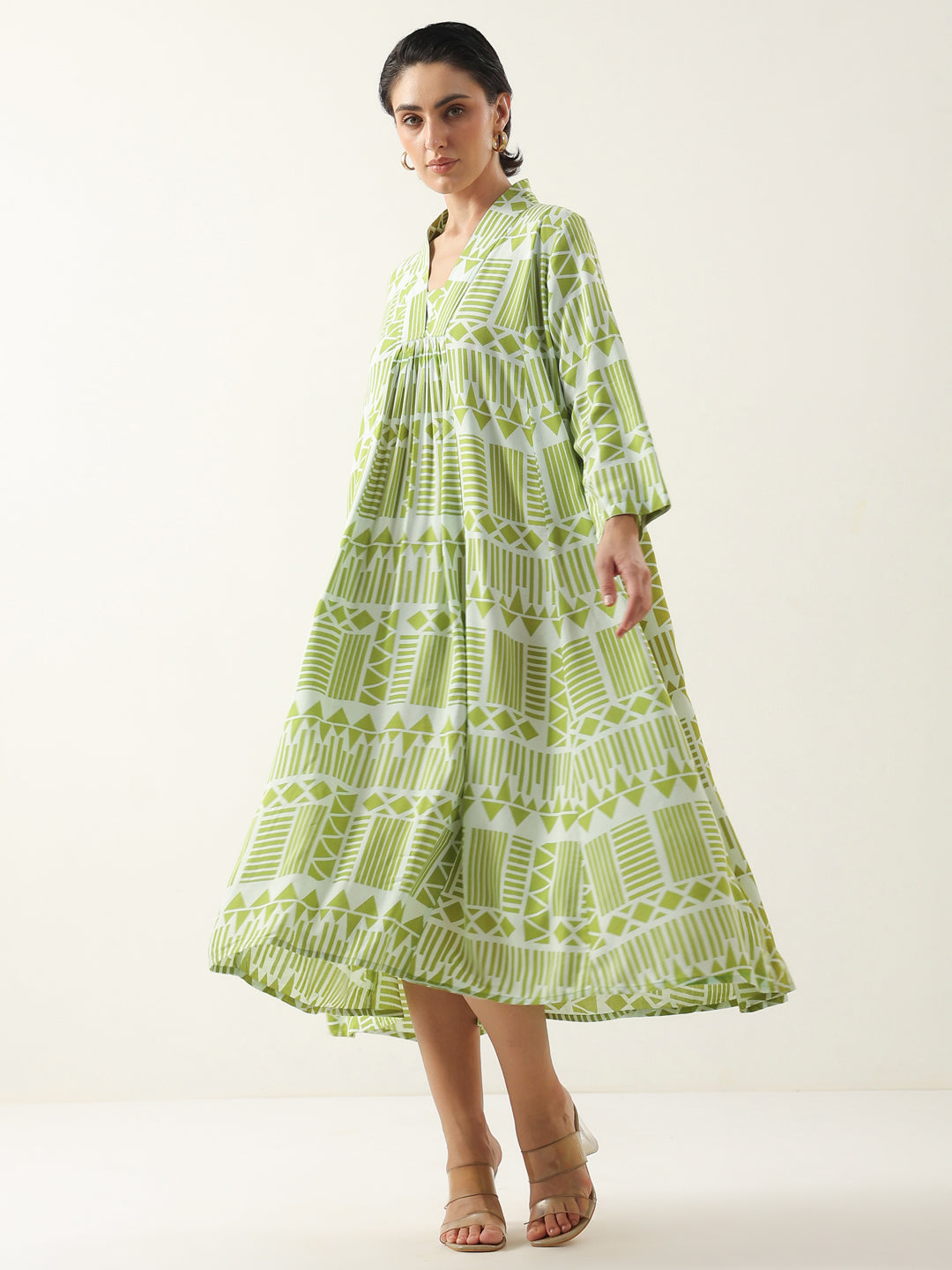 Green Geometric Print Viscose Rayon Dress for Women