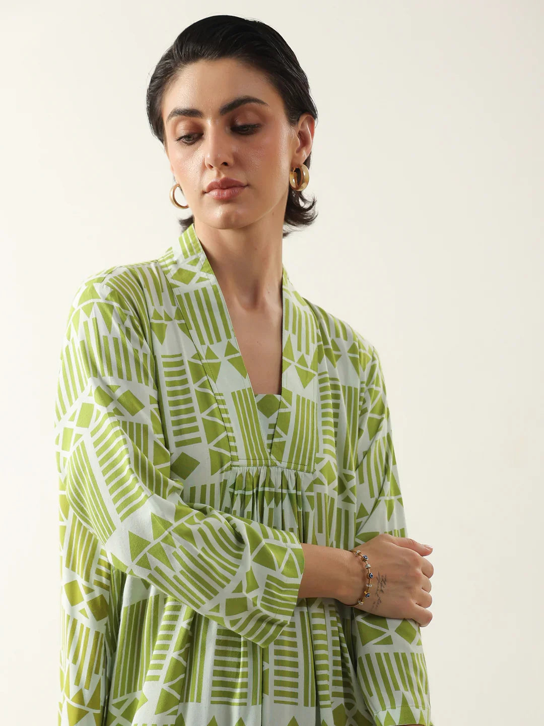 Green Geometric Print Viscose Rayon Dress for Women - SanskrutiHomes