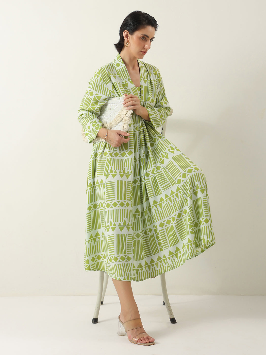 Green Geometric Print Viscose Rayon Dress for Women