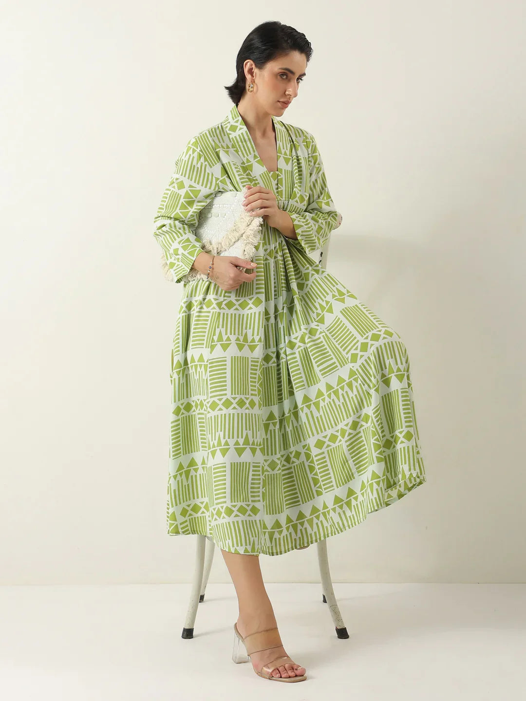 Green Geometric Print Viscose Rayon Dress for Women - SanskrutiHomes