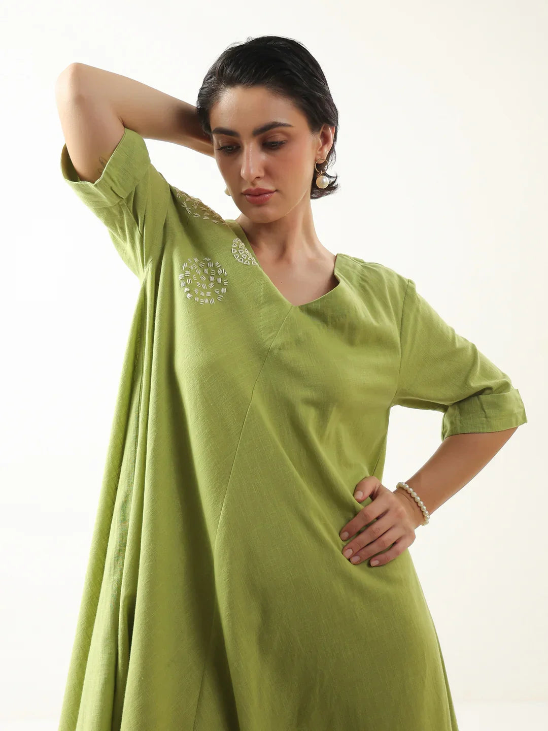 Lime Green V-Neck Cotton Dress For Women