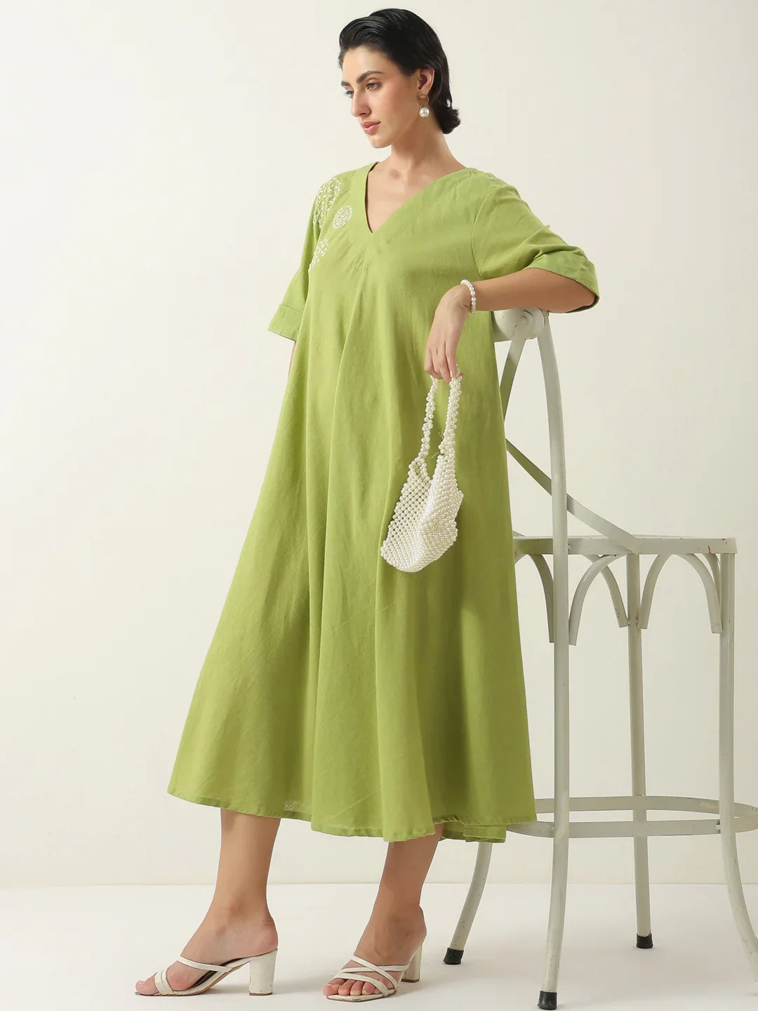 Lime Green V-Neck Cotton Dress For Women