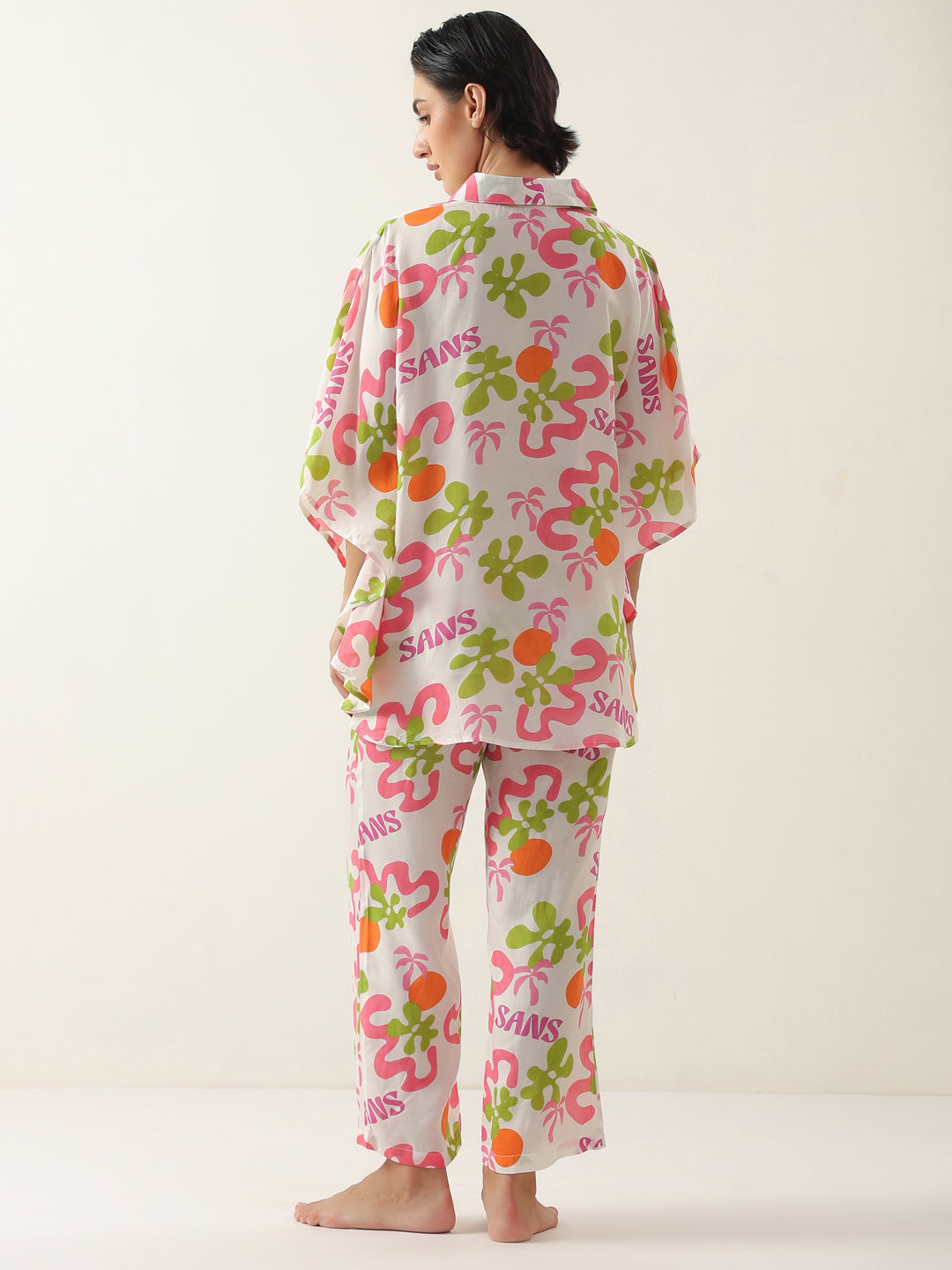 Off White Cotton V-Neck Night Suit for Women - SanskrutiHomes