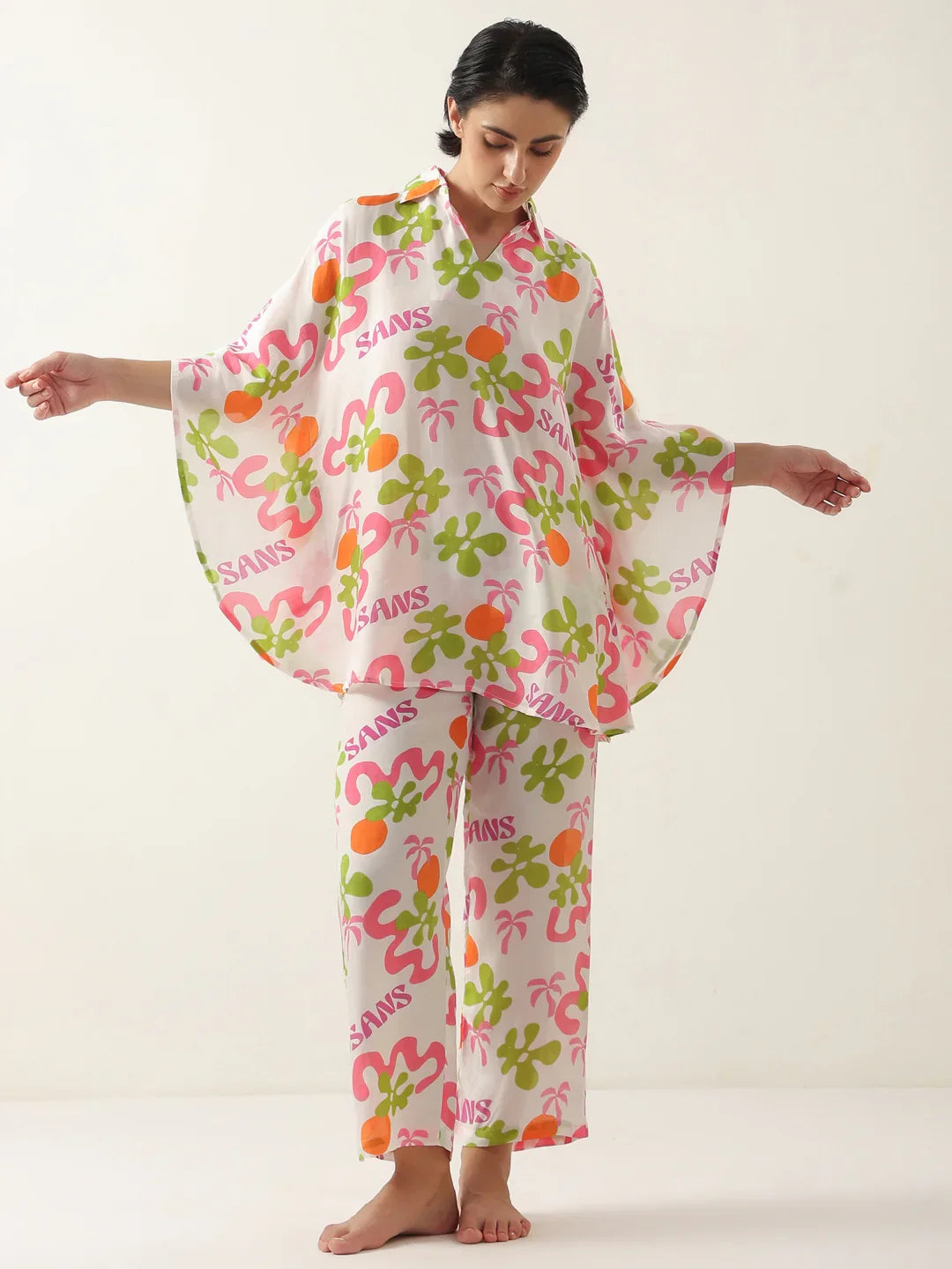 Off White Cotton V-Neck Night Suit for Women - SanskrutiHomes