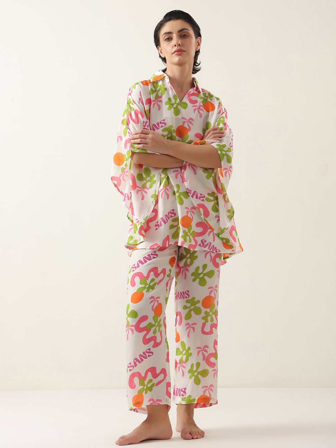 Off White Cotton V-Neck Night Suit for Women - SanskrutiHomes