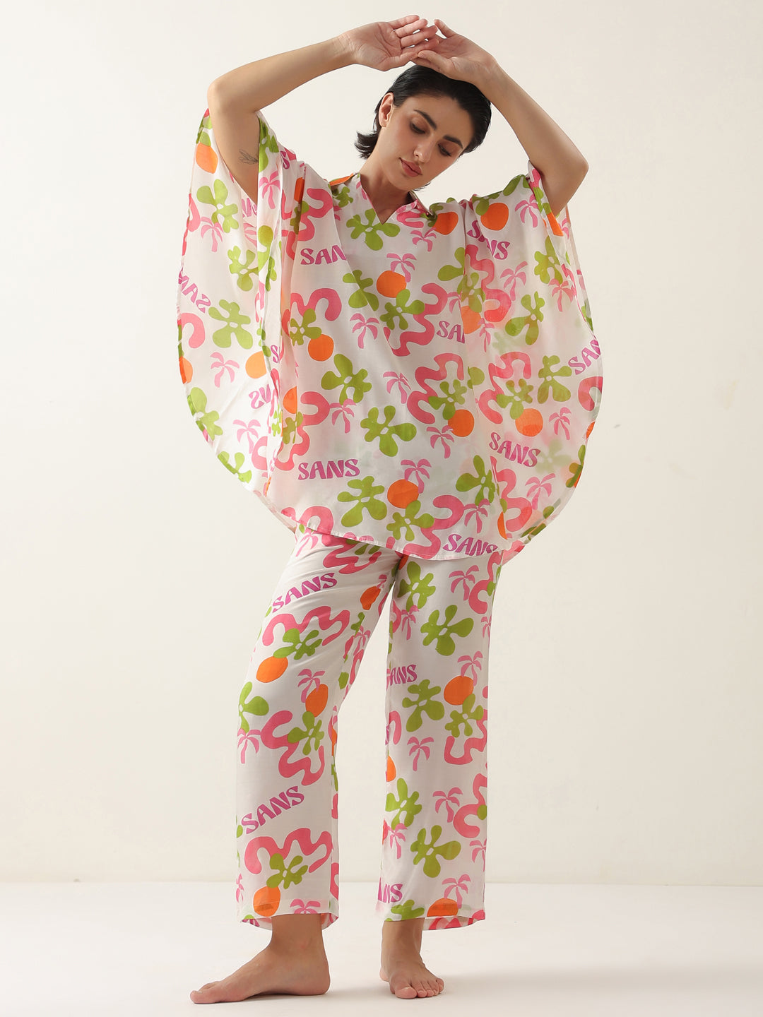 Off White Cotton V-Neck Night Suit for Women - SanskrutiHomes