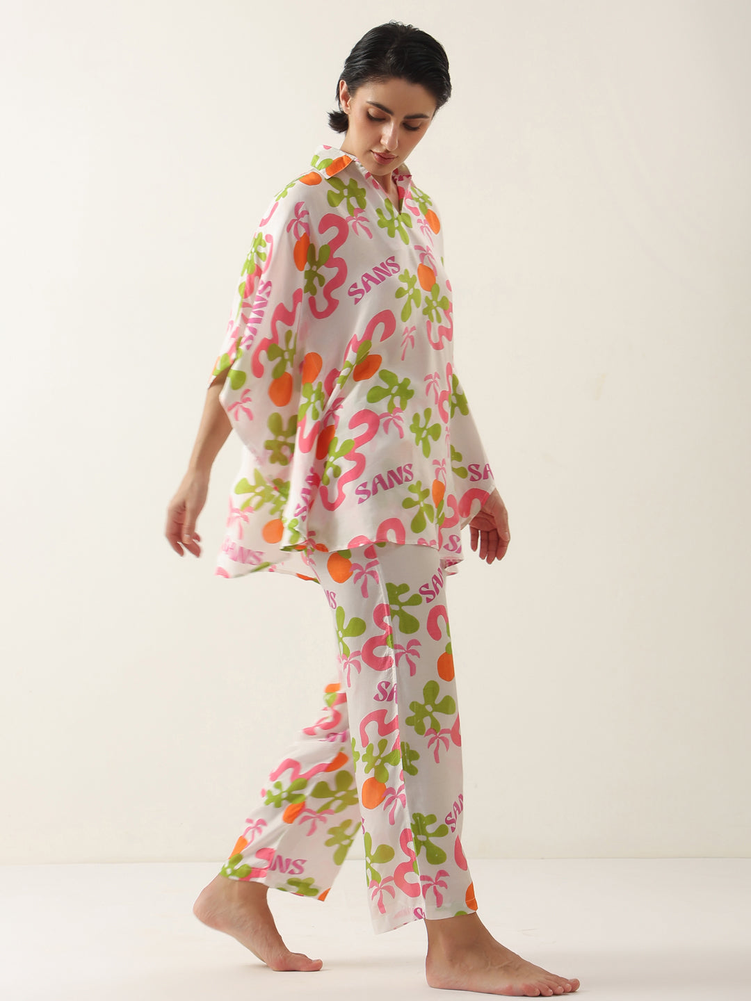 Off White Cotton V-Neck Night Suit for Women - SanskrutiHomes