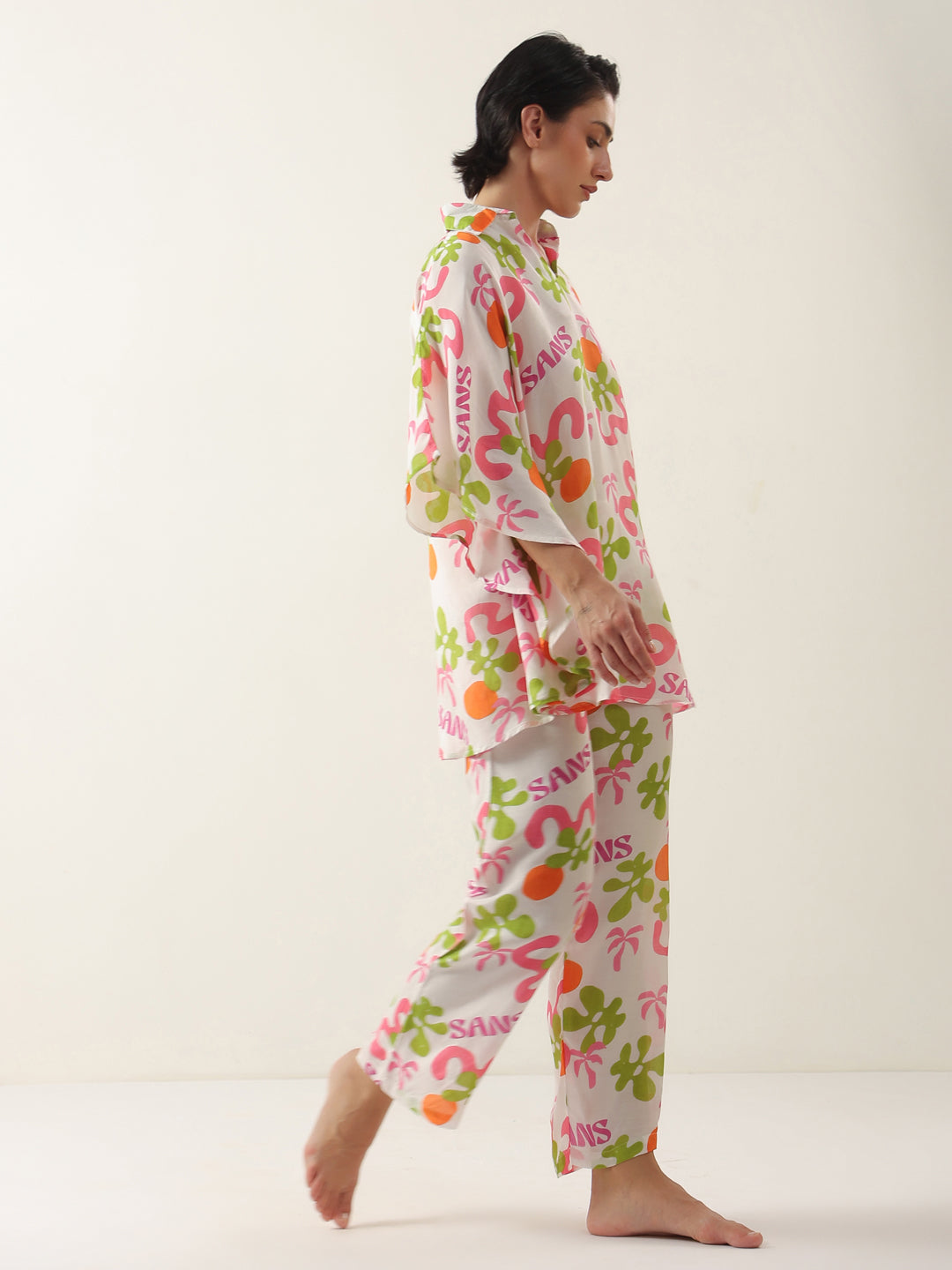 Off White Cotton V-Neck Night Suit for Women