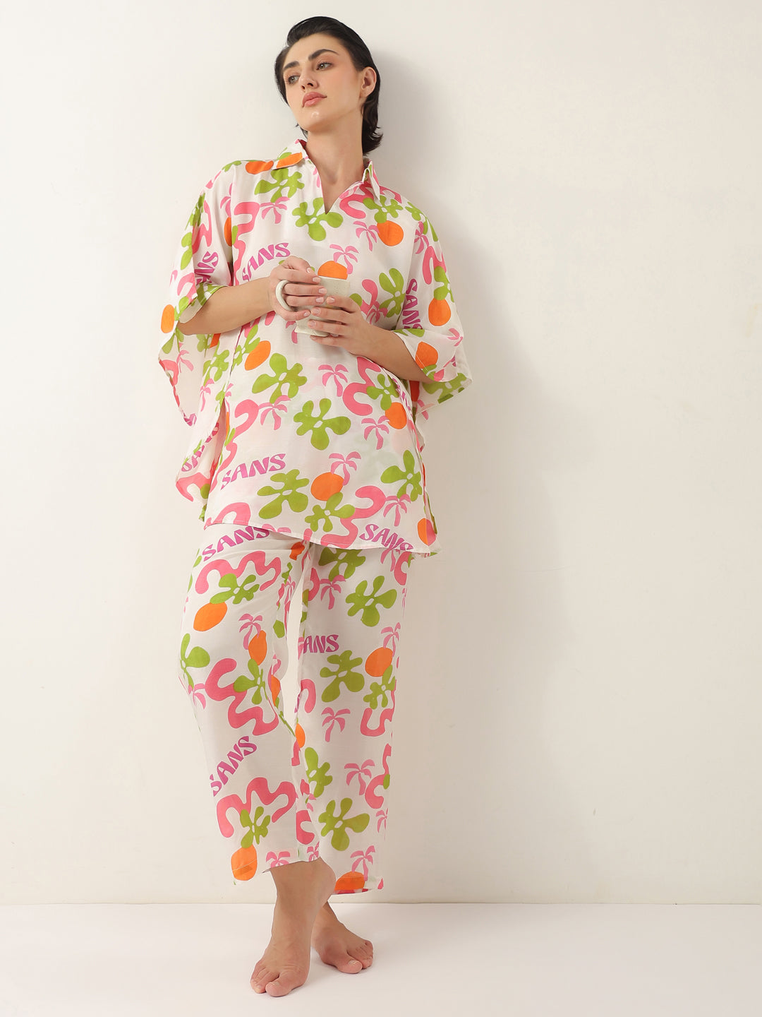 Off White Cotton V-Neck Night Suit for Women - SanskrutiHomes