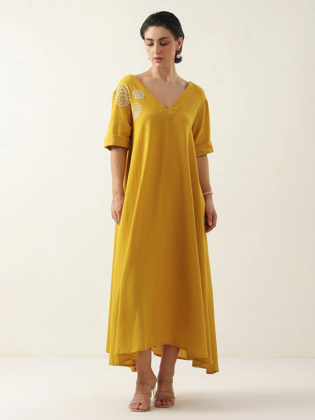 Mustard V-Neck Solid Cotton Dress For Women