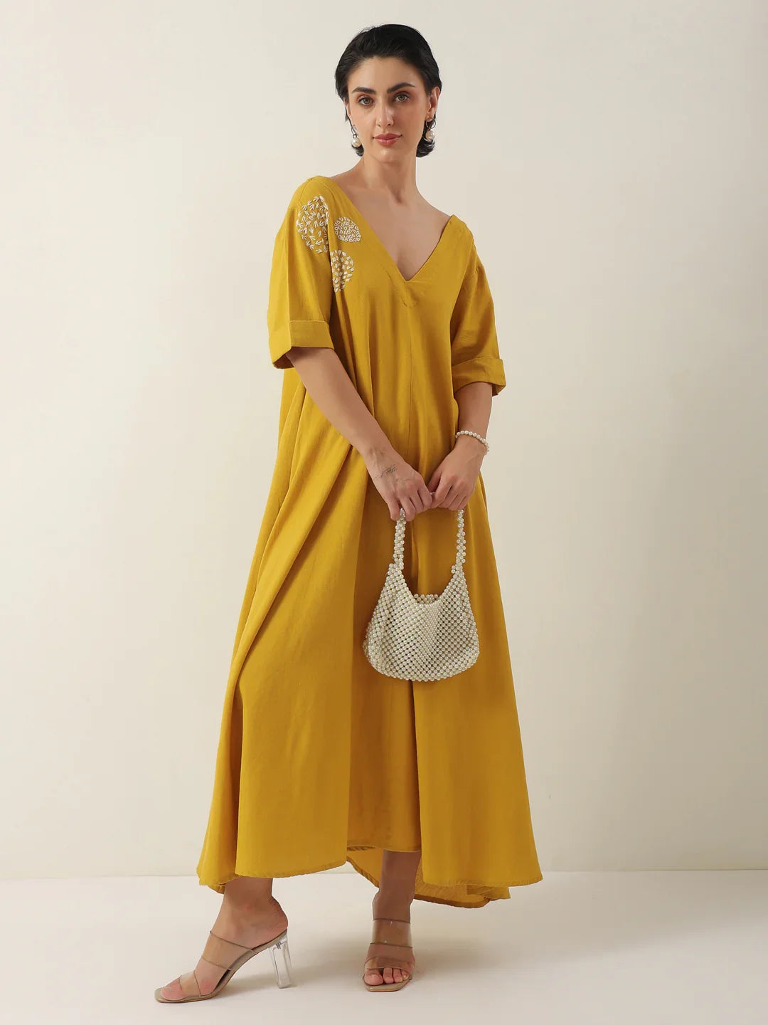 Mustard V-Neck Solid Cotton Dress For Women