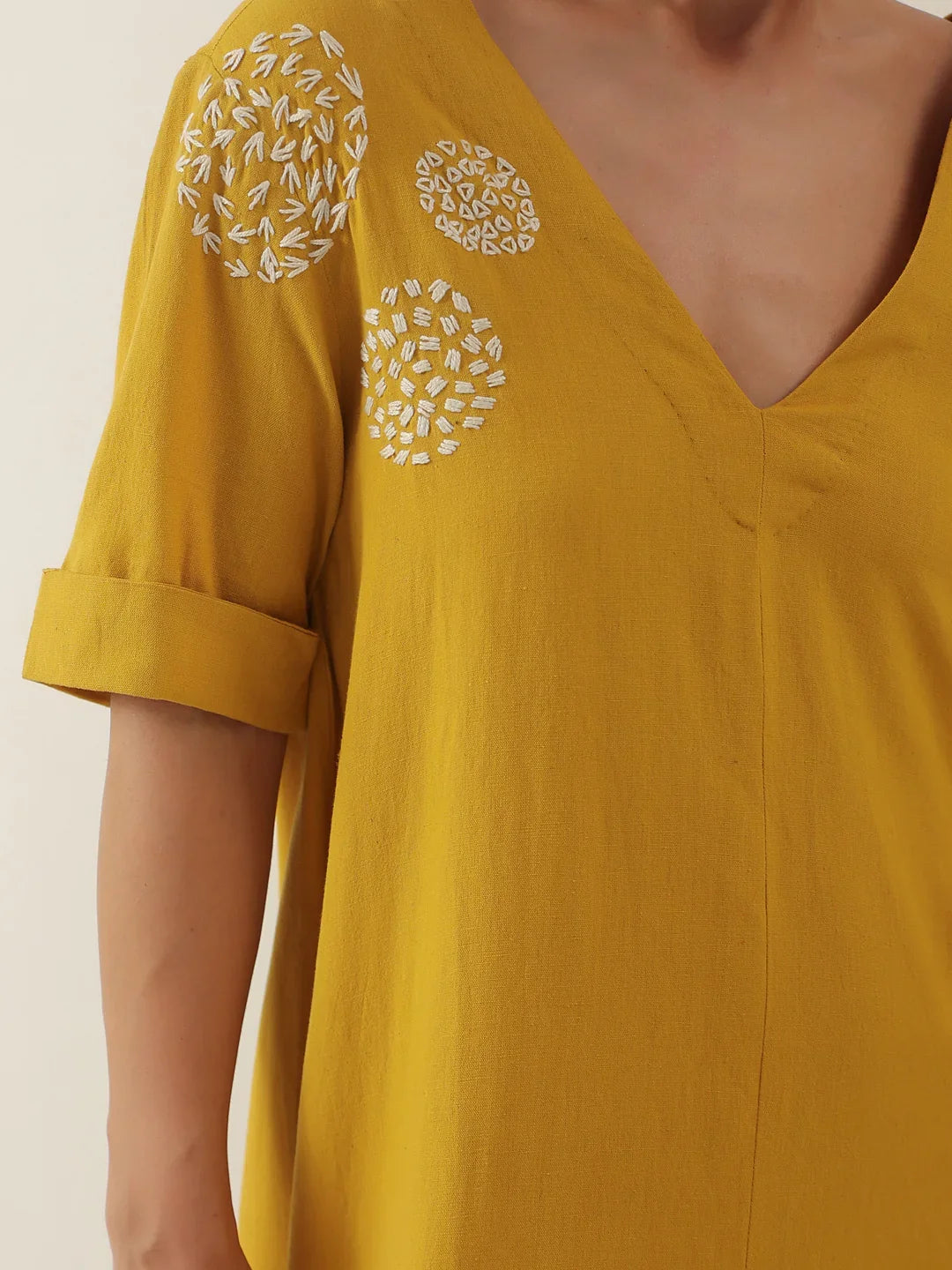 Mustard V-Neck Solid Cotton Dress For Women