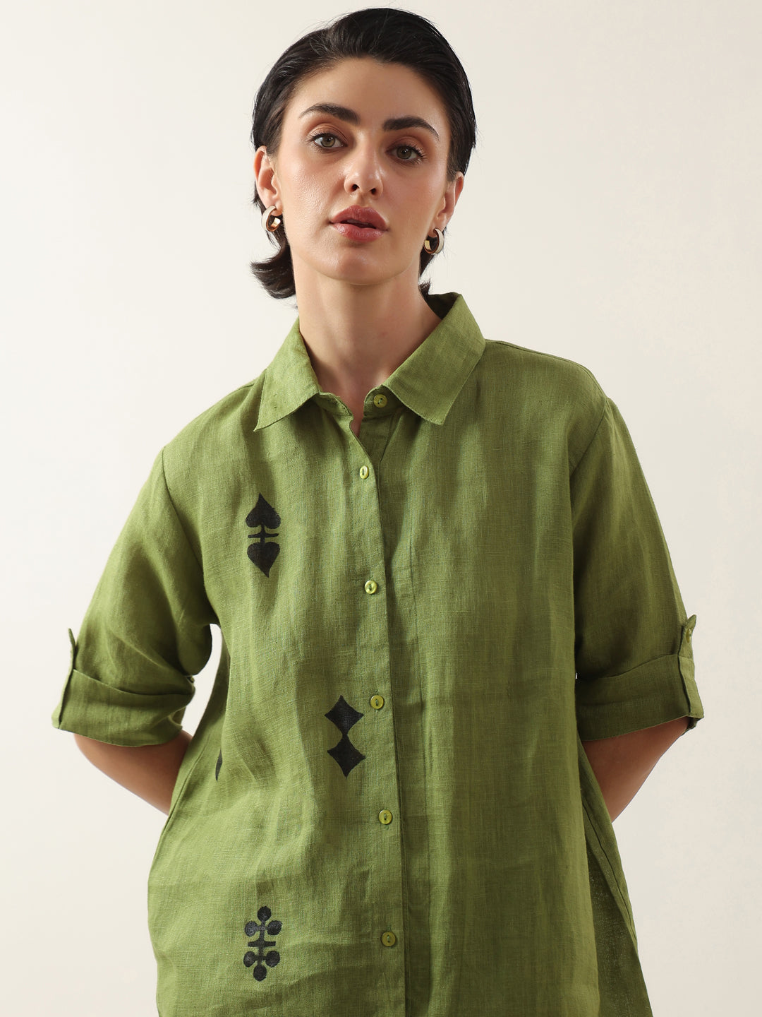 Green Color Shirt Collar Cotton Co-ords Set