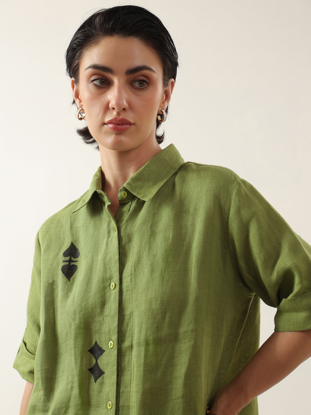 Green Color Shirt Collar Cotton Co-ords Set