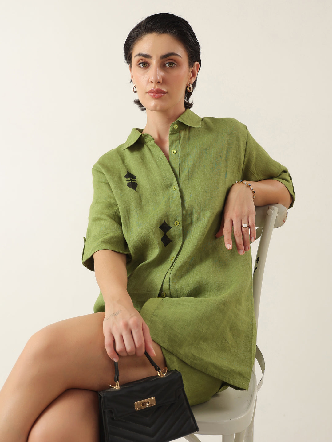 Green Color Shirt Collar Cotton Co-ords Set