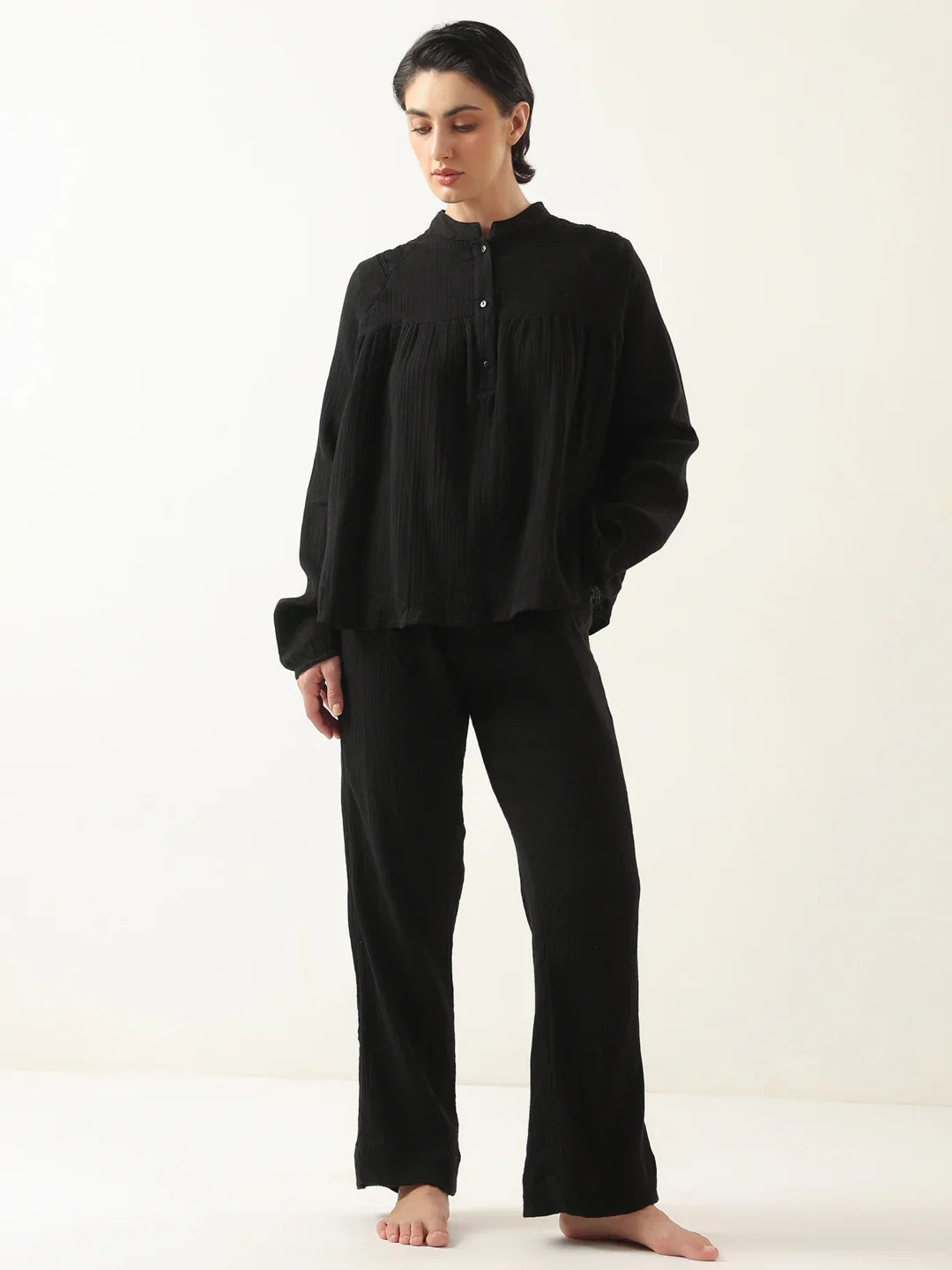 Black Color Round Neck Pure Cotton Co-ords Set for Women - SanskrutiHomes