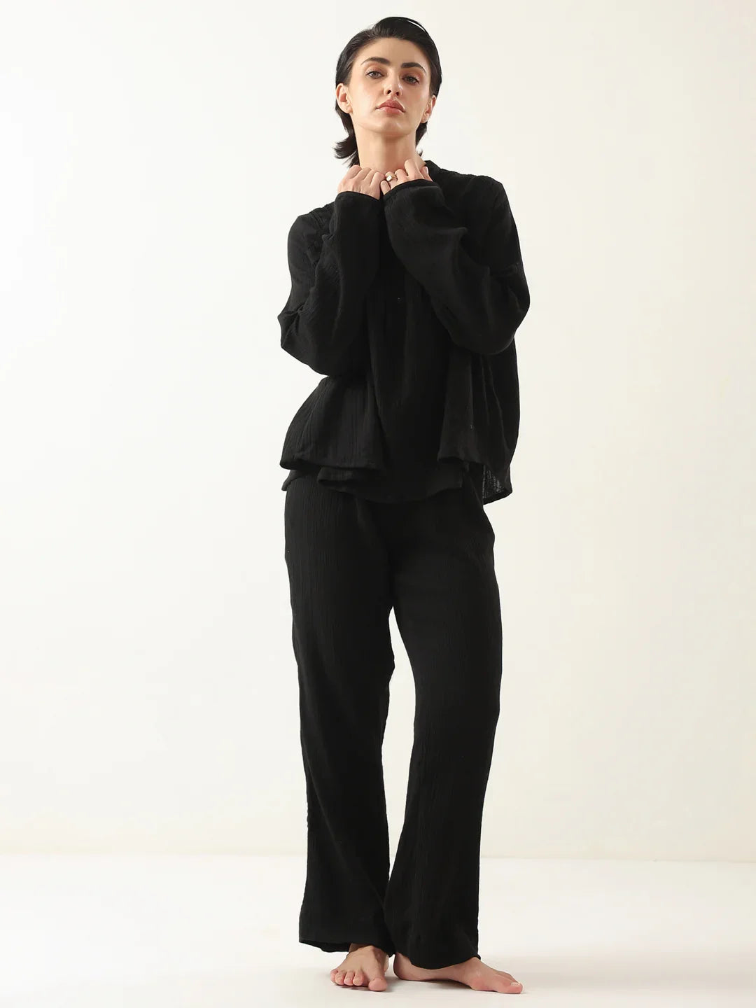 Black Color Round Neck Pure Cotton Co-ords Set for Women - SanskrutiHomes