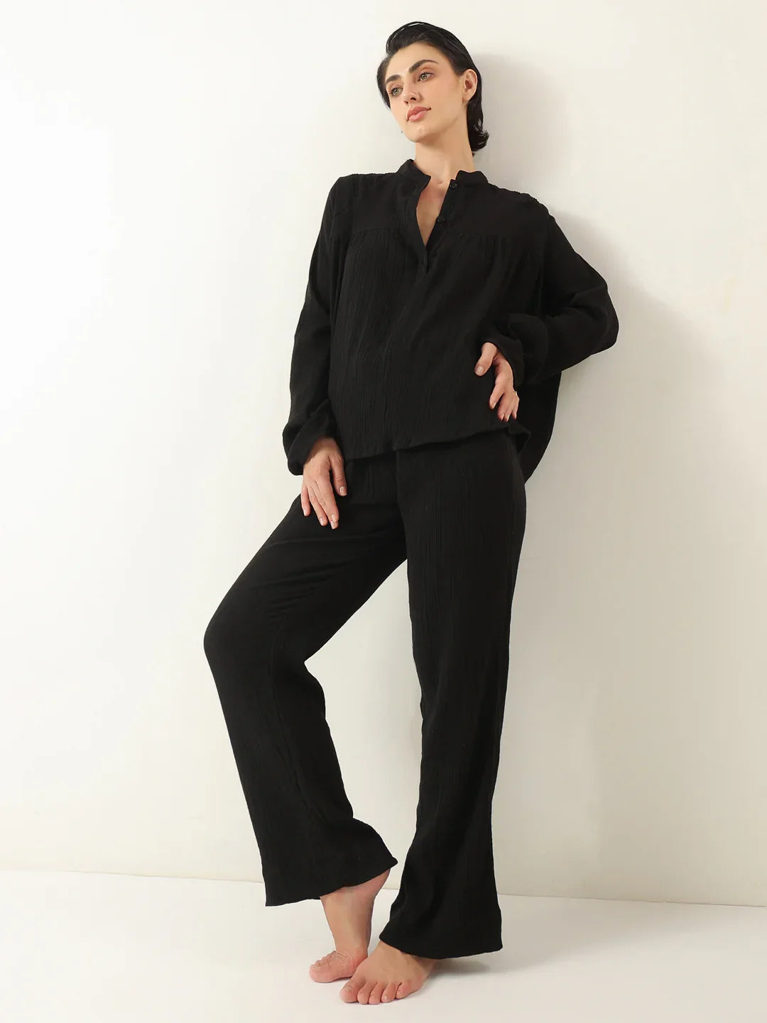 Black Color Round Neck Pure Cotton Co-ords Set for Women - SanskrutiHomes