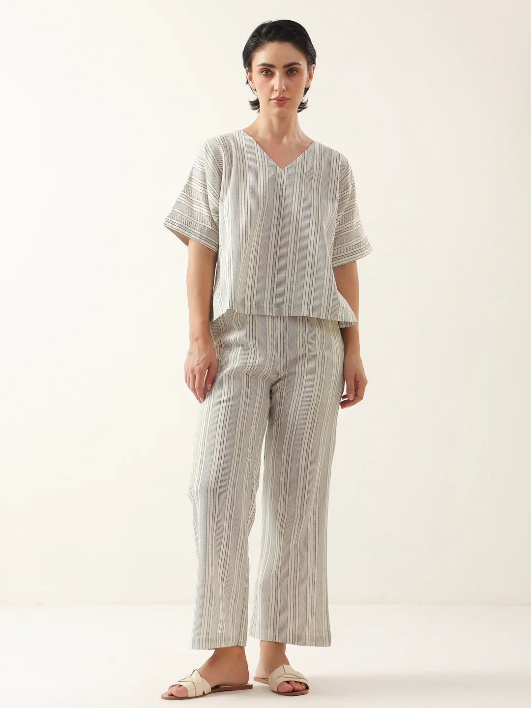 Grey Color V-Neck Cotton Night Suit - SanskrutiHomes