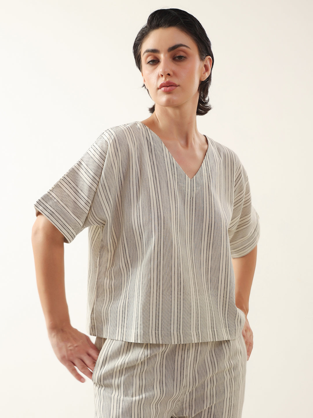 Grey Color V-Neck Cotton Night Suit - SanskrutiHomes