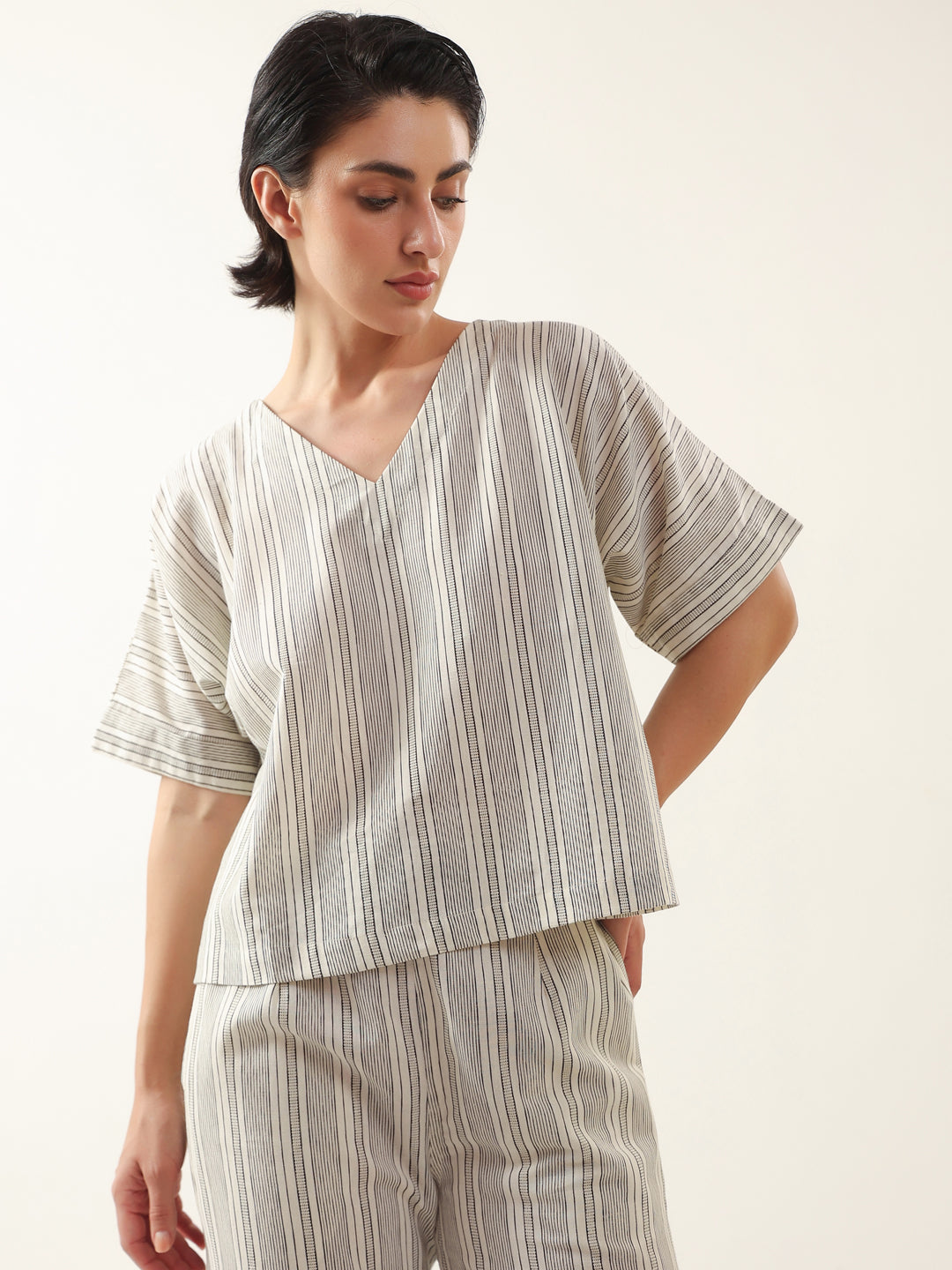 Grey Color V-Neck Cotton Night Suit - SanskrutiHomes