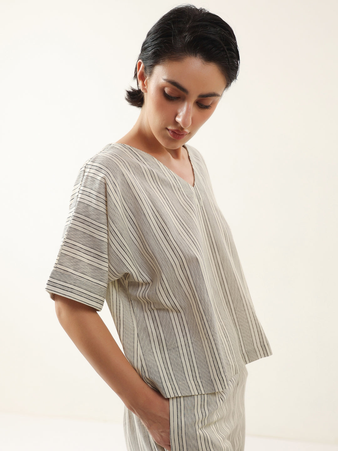 Grey Color V-Neck Cotton Night Suit - SanskrutiHomes
