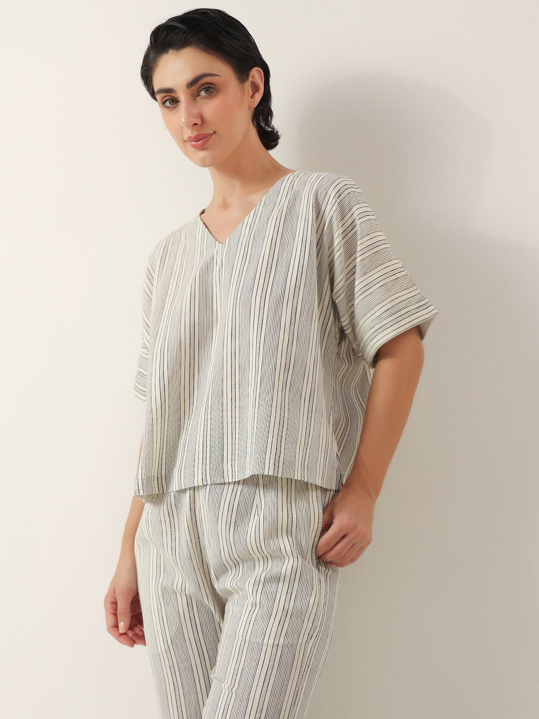 Grey Color V-Neck Cotton Night Suit - SanskrutiHomes