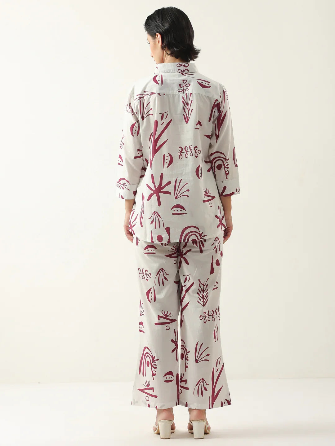 White Color Shirt Collar Cotton Printed Co-ords Set - SanskrutiHomes