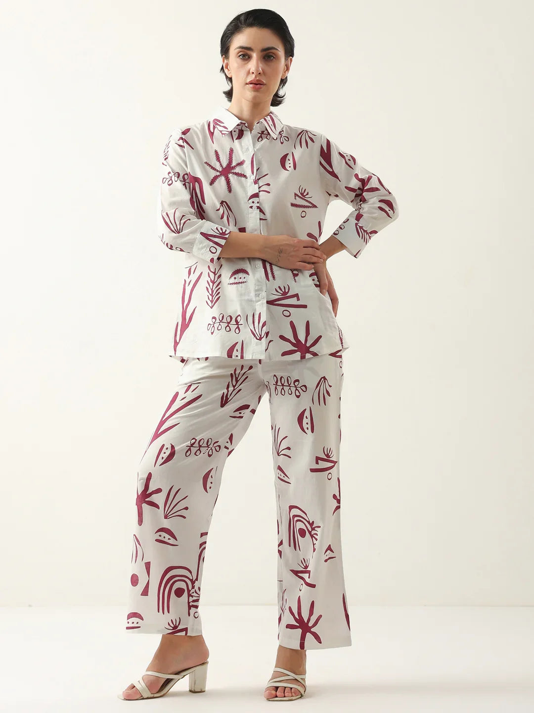 White Color Shirt Collar Cotton Printed Co-ords Set - SanskrutiHomes