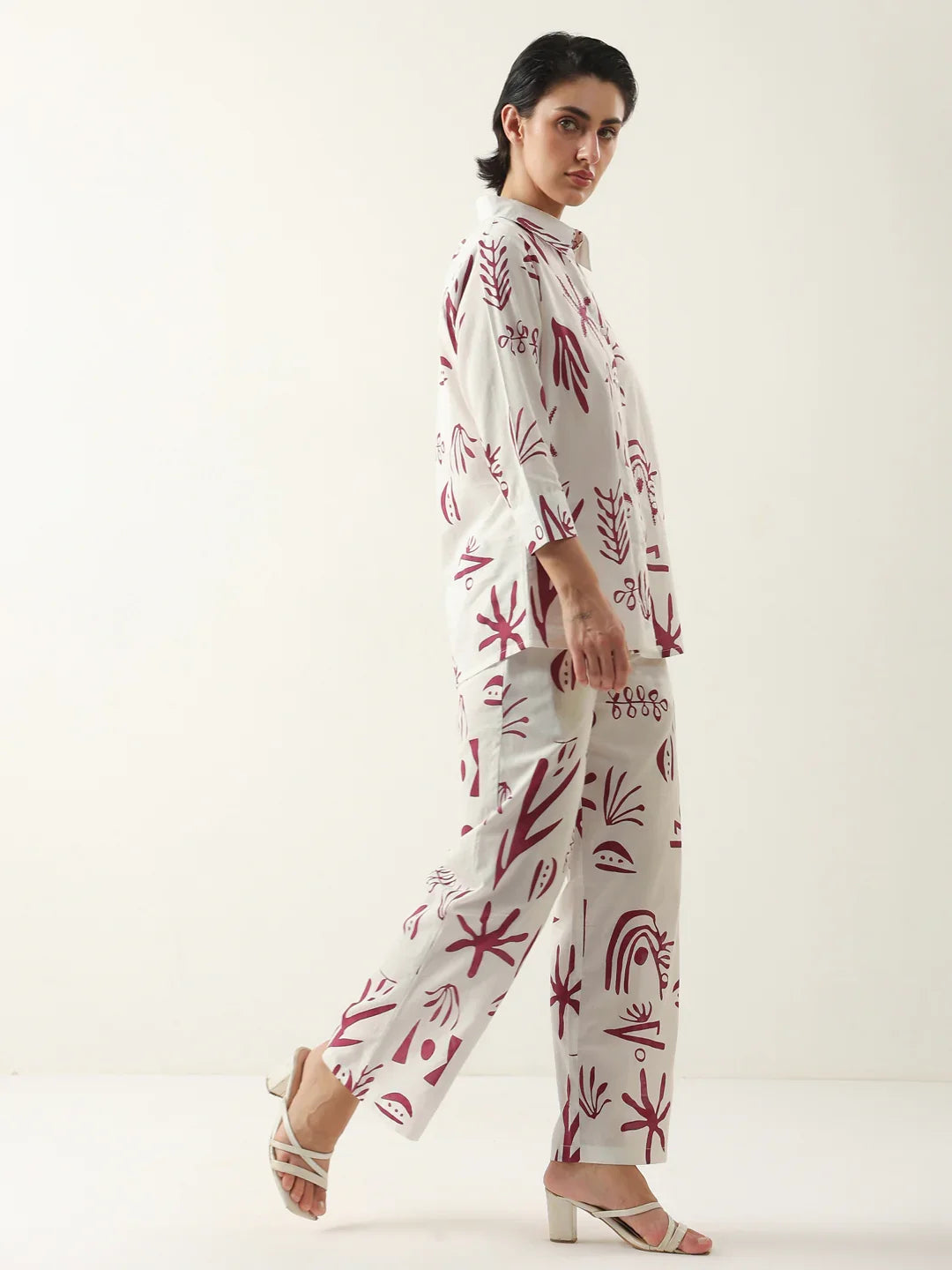 White Color Shirt Collar Cotton Printed Co-ords Set - SanskrutiHomes