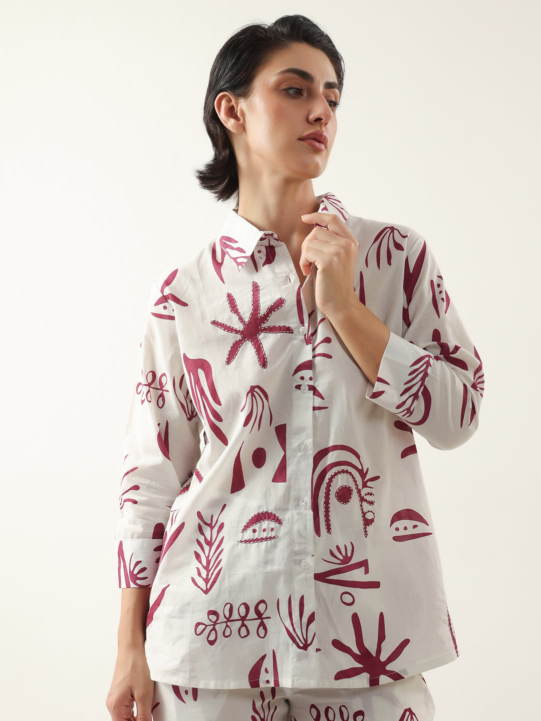 White Color Shirt Collar Cotton Printed Co-ords Set