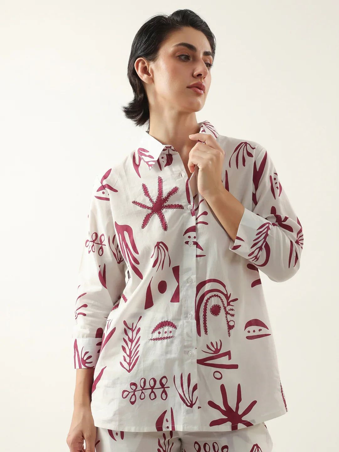 White Color Shirt Collar Cotton Printed Co-ords Set - SanskrutiHomes