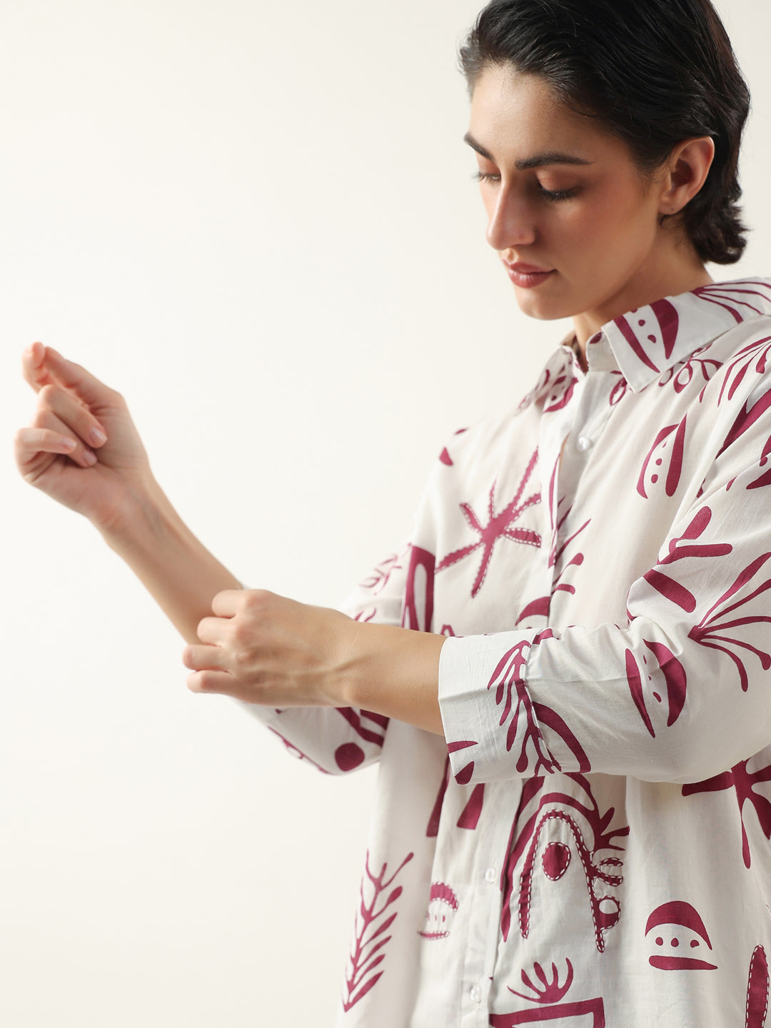 White Color Shirt Collar Cotton Printed Co-ords Set