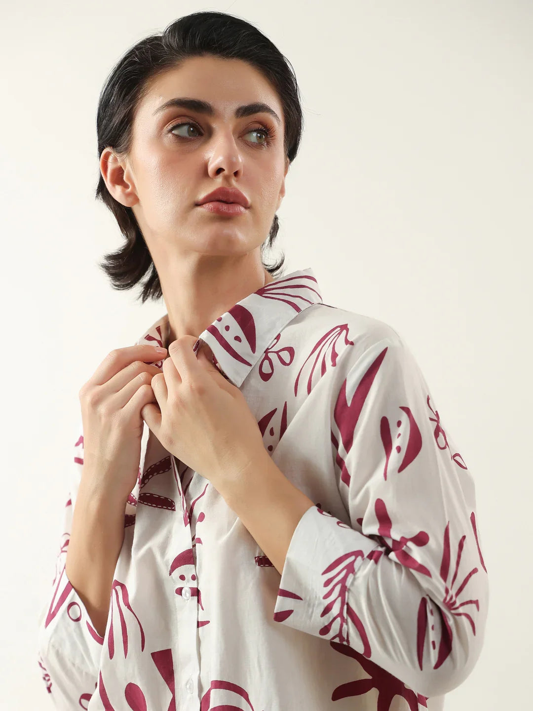 White Color Shirt Collar Cotton Printed Co-ords Set - SanskrutiHomes