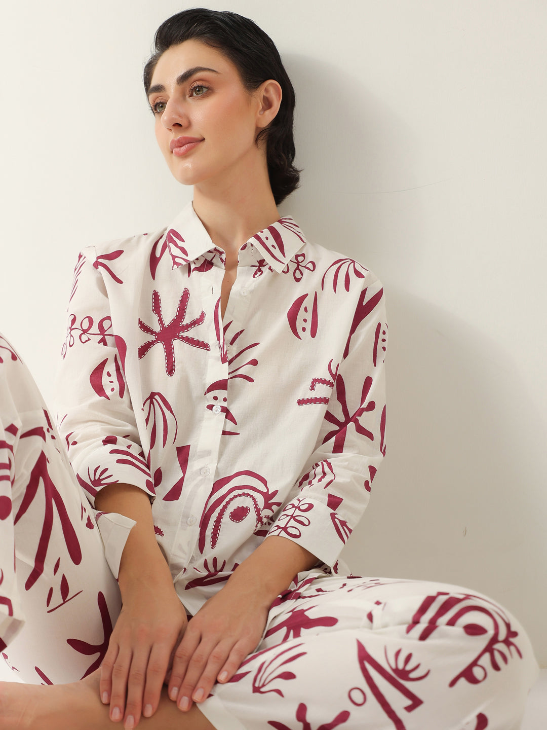 White Color Shirt Collar Cotton Printed Co-ords Set