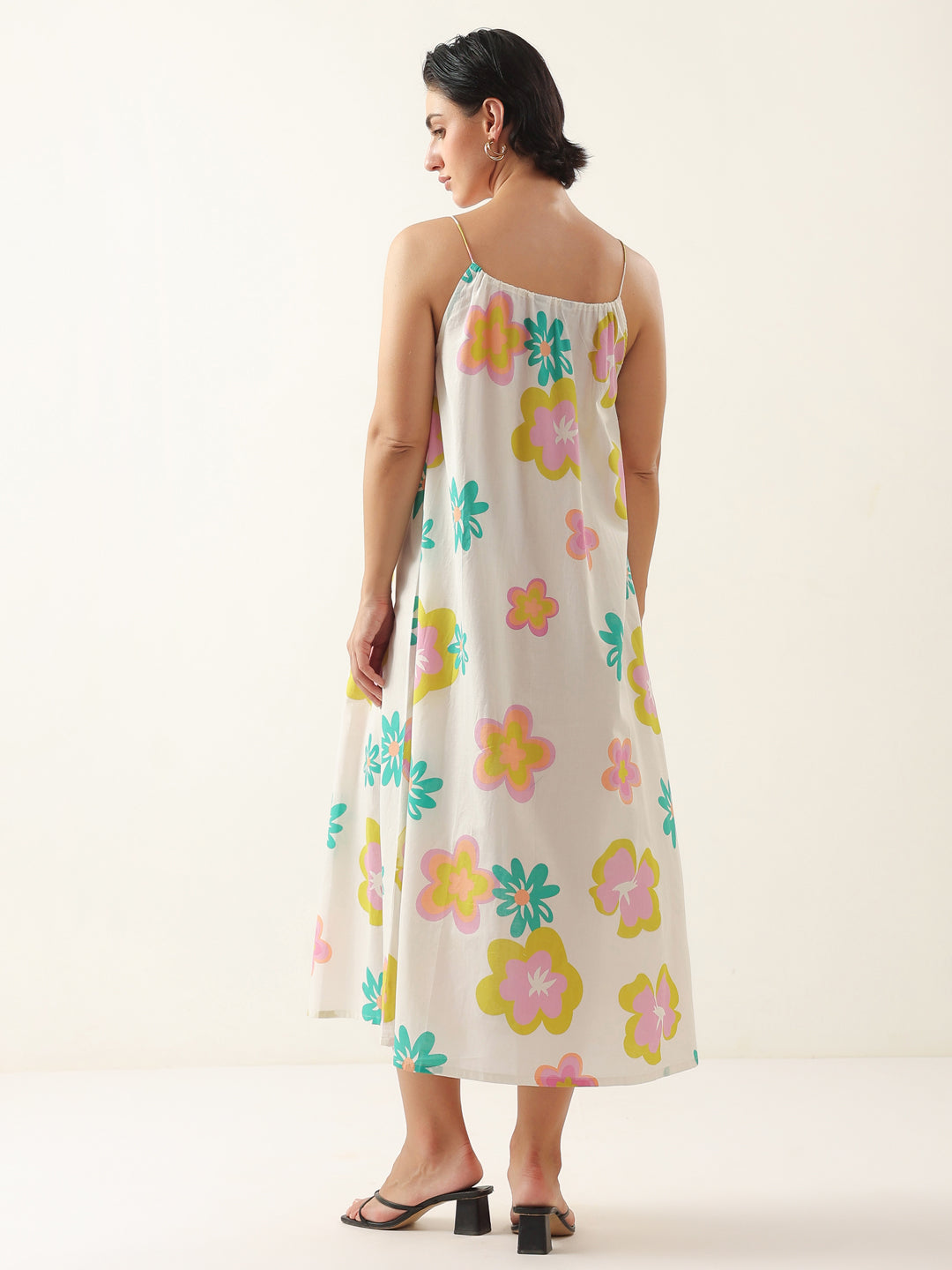 White Floral Printed Cotton Dress for Women and Girls