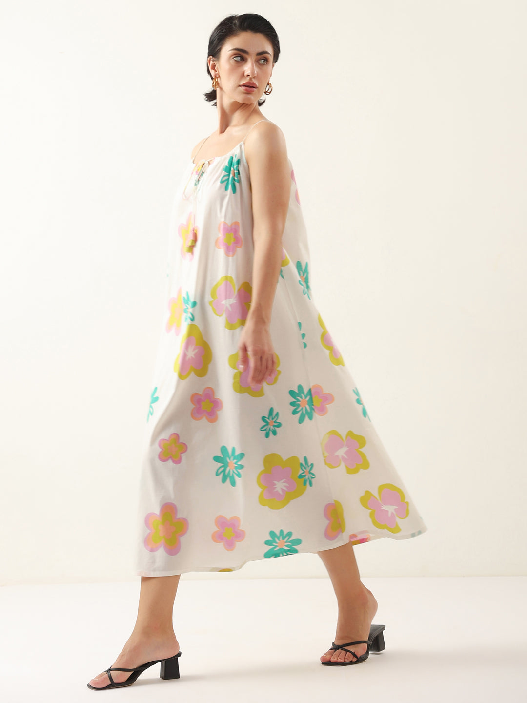 White Floral Printed Cotton Dress for Women and Girls