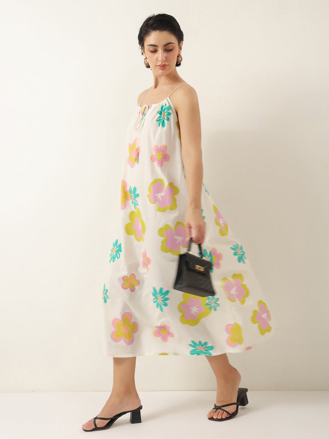 White Floral Printed Cotton Dress for Women and Girls