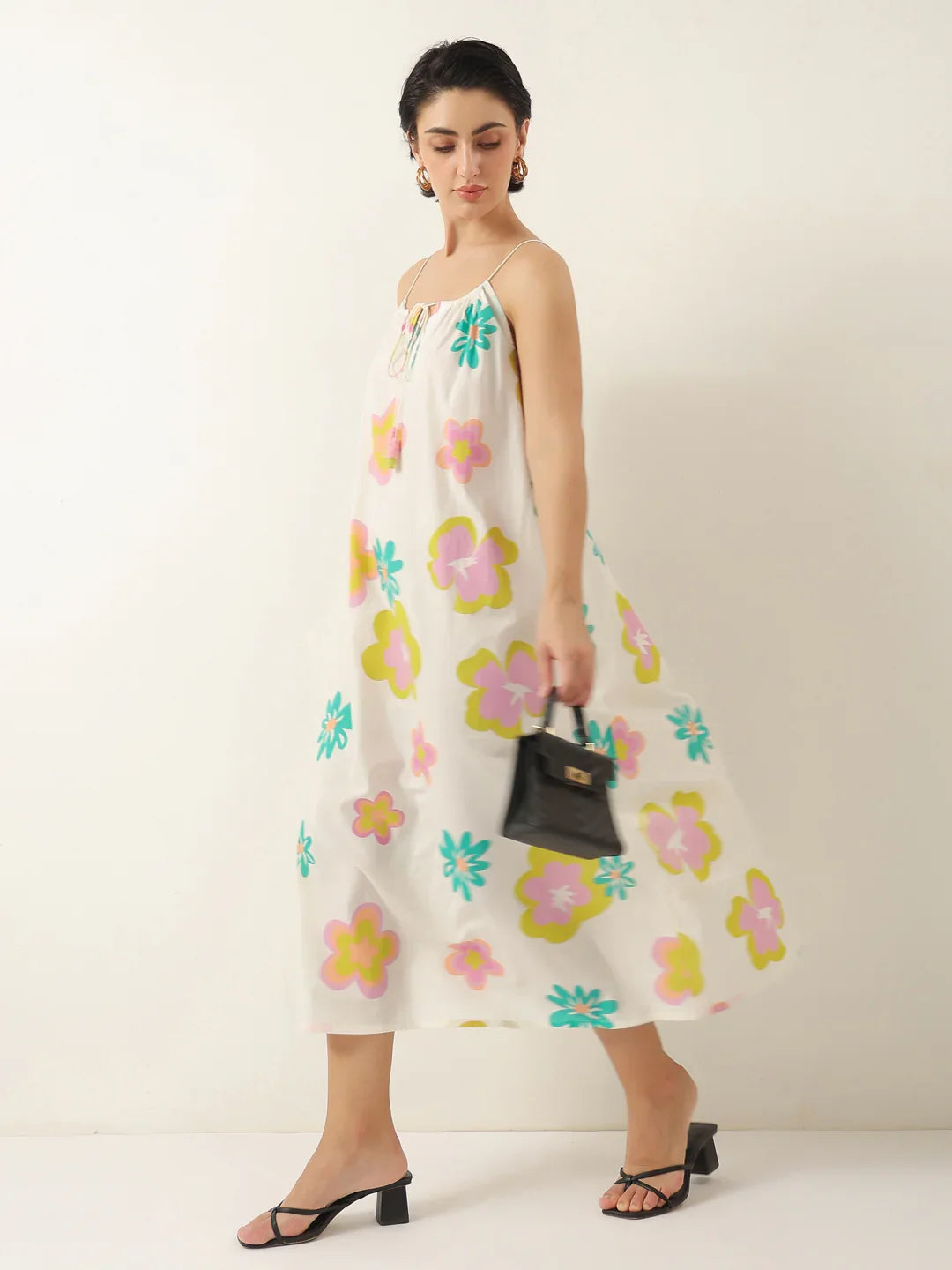 White Floral Printed Cotton Dress for Women and Girls - SanskrutiHomes