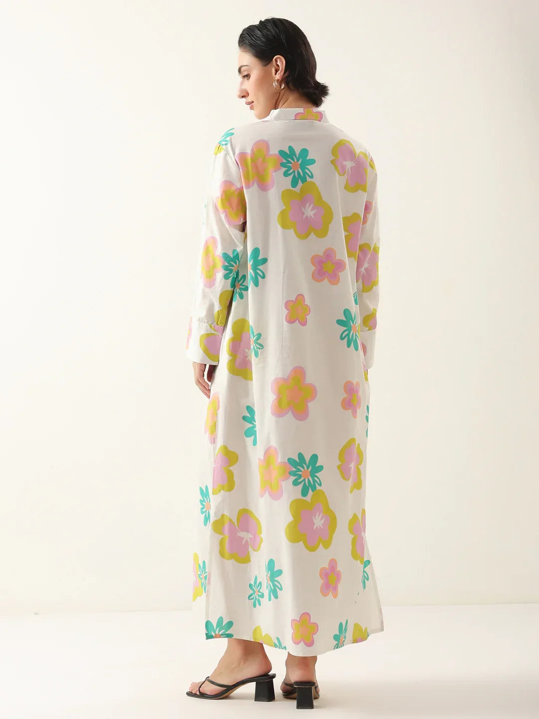 White Color Floral Shirt Collar Dress for Women - SanskrutiHomes